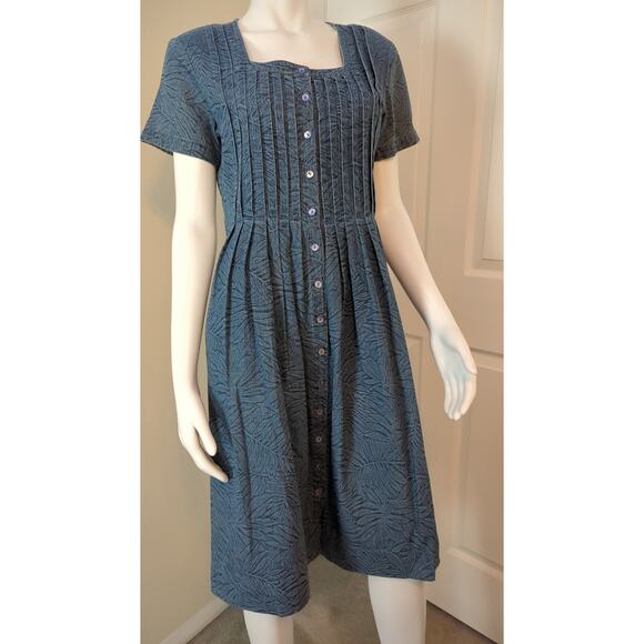 Coldwater Creek Blue Palm Print Layered Chambray Denim Dress Buttons Women Sze 8 - Picture 1 of 7
